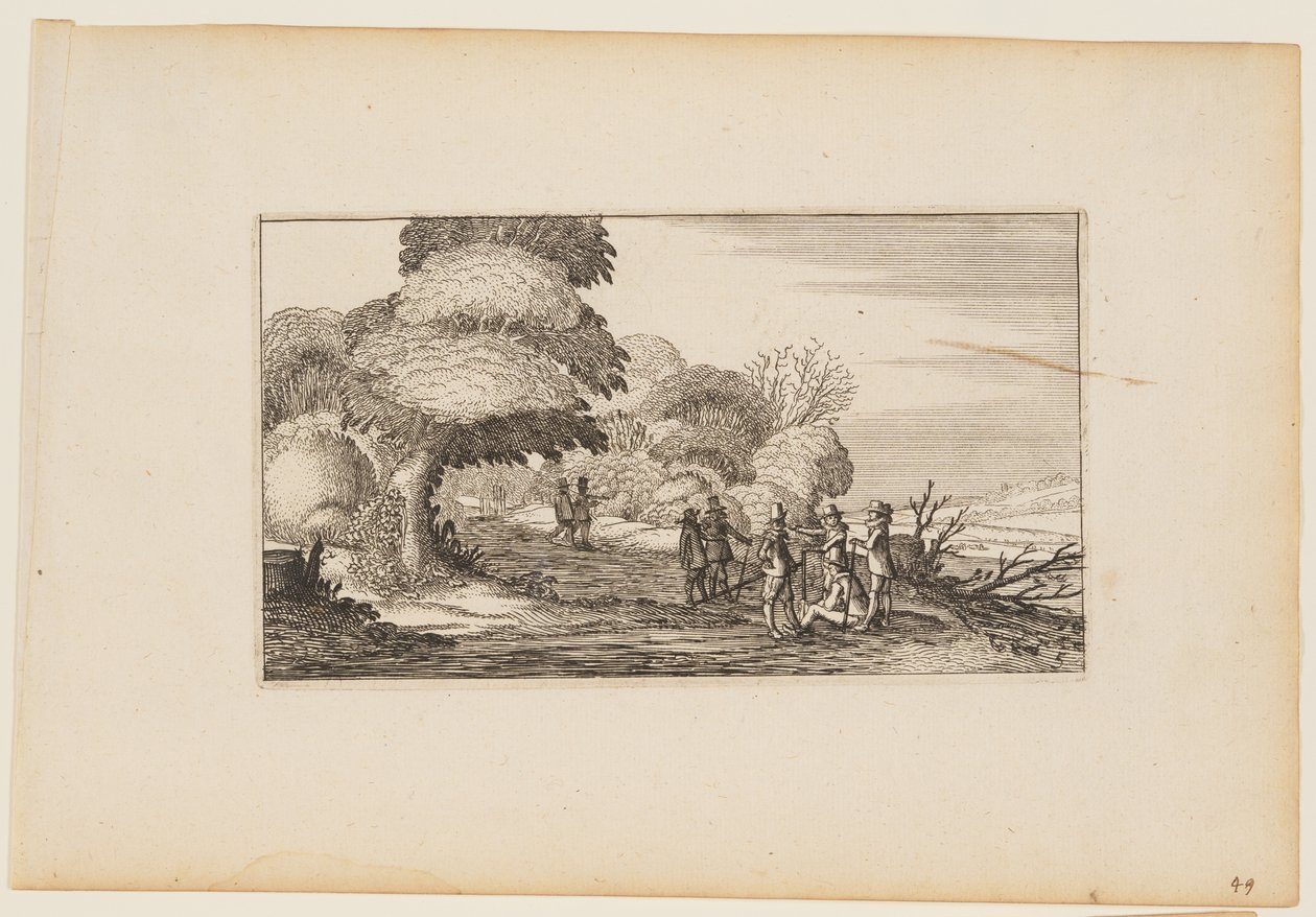 Hombres con mosquetes en un camino que atraviesa un bosque, de Doce paisajes con figuras de Gillis van Scheyndel