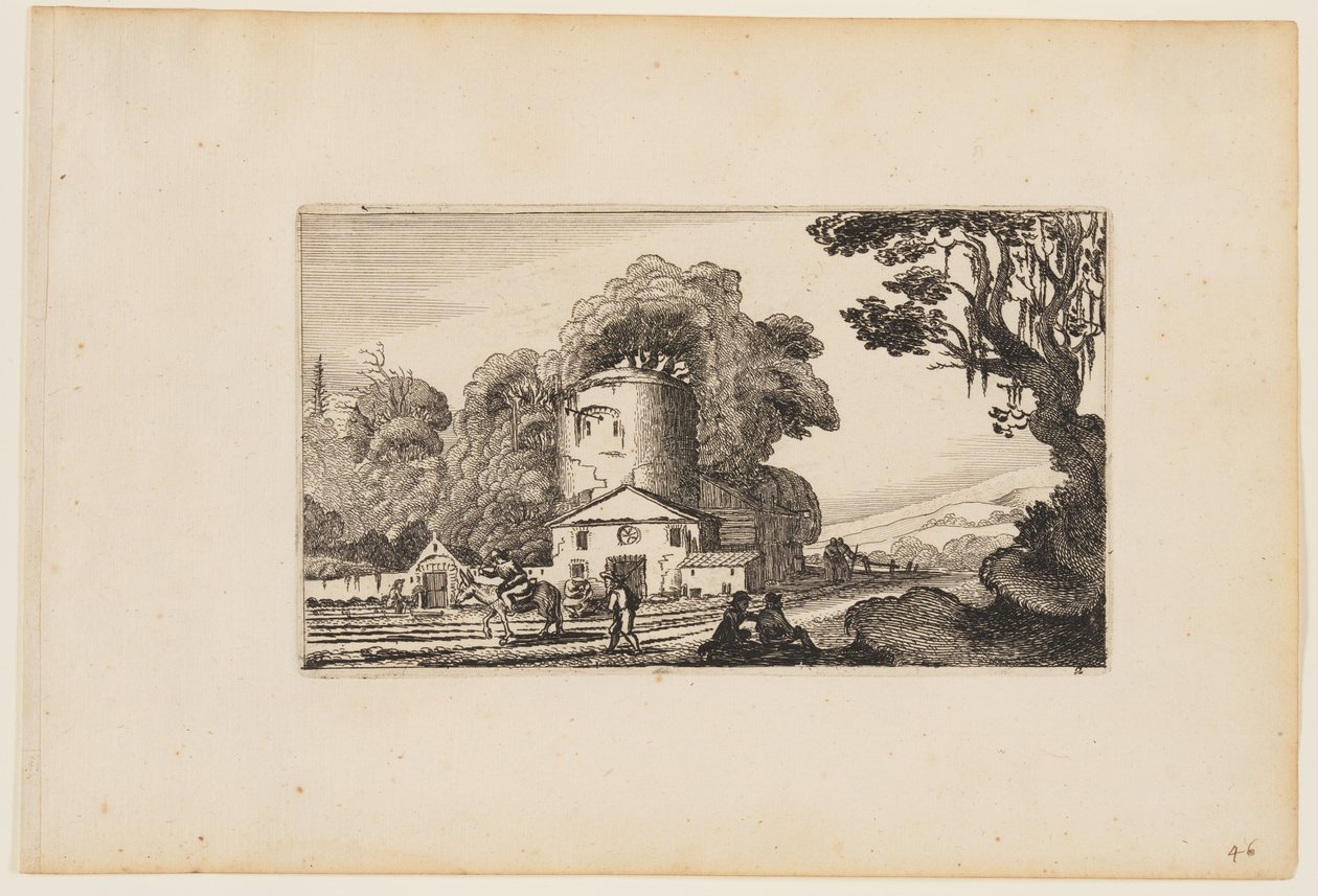 Camino ante una granja dominada por una torre redonda, de Doce paisajes con figuras de Gillis van Scheyndel