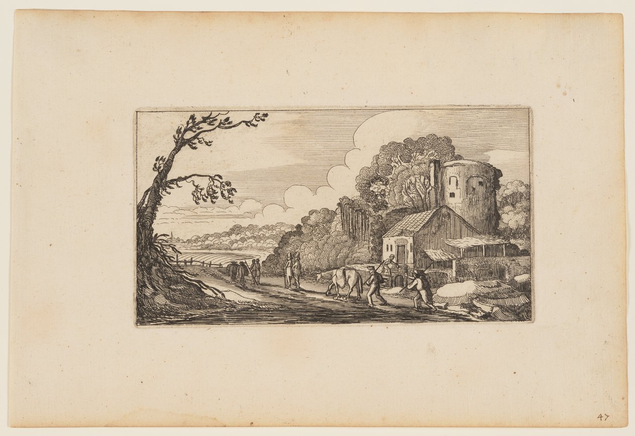 Camino a la izquierda de una granja dominada por una torre redonda, de Doce paisajes con figuras de Gillis van Scheyndel