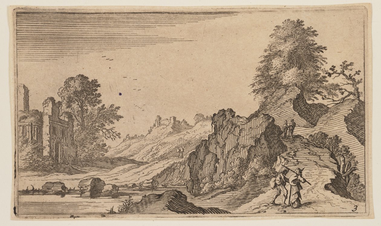 Peatones en un camino junto a rocas, ruinas más allá del agua a la izquierda, de Doce paisajes de Gillis van Scheyndel