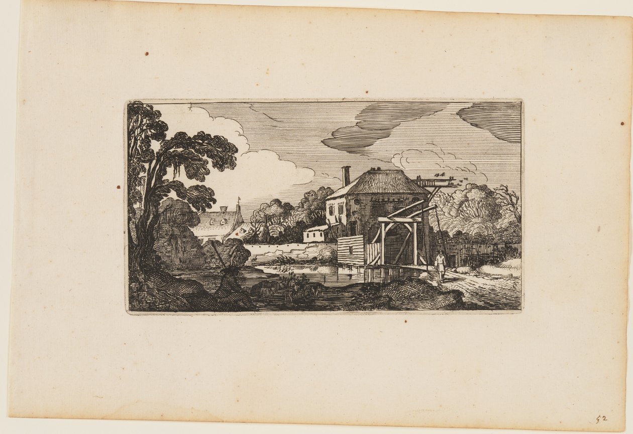 Estanque ante un puente de madera y una casa, de Doce paisajes con figuras de Gillis van Scheyndel