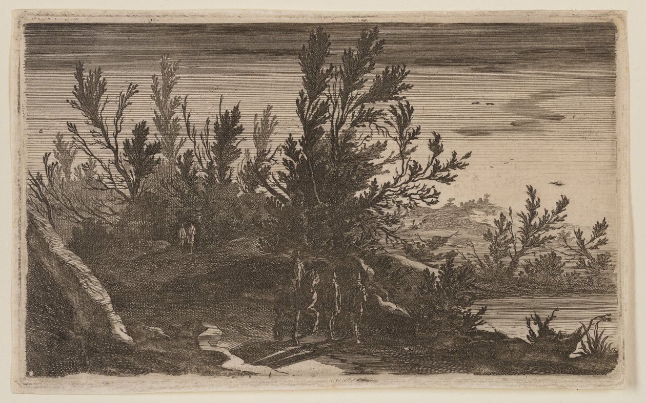 Jinetes en un camino arbolado a la izquierda del estanque, de Six Landscapes de Gillis van Scheyndel