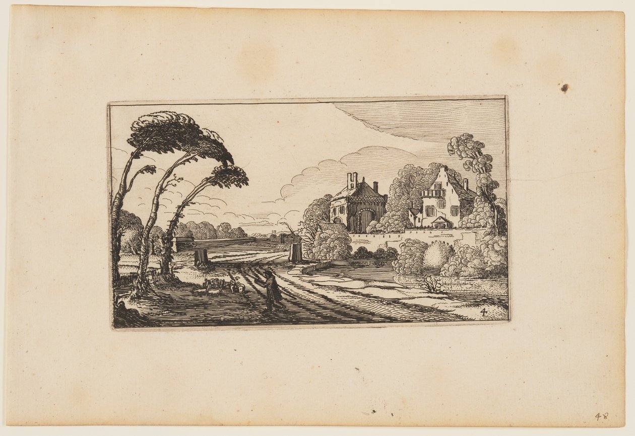Camino a la izquierda de una casa de campo amurallada, de Doce paisajes con figuras de Gillis van Scheyndel