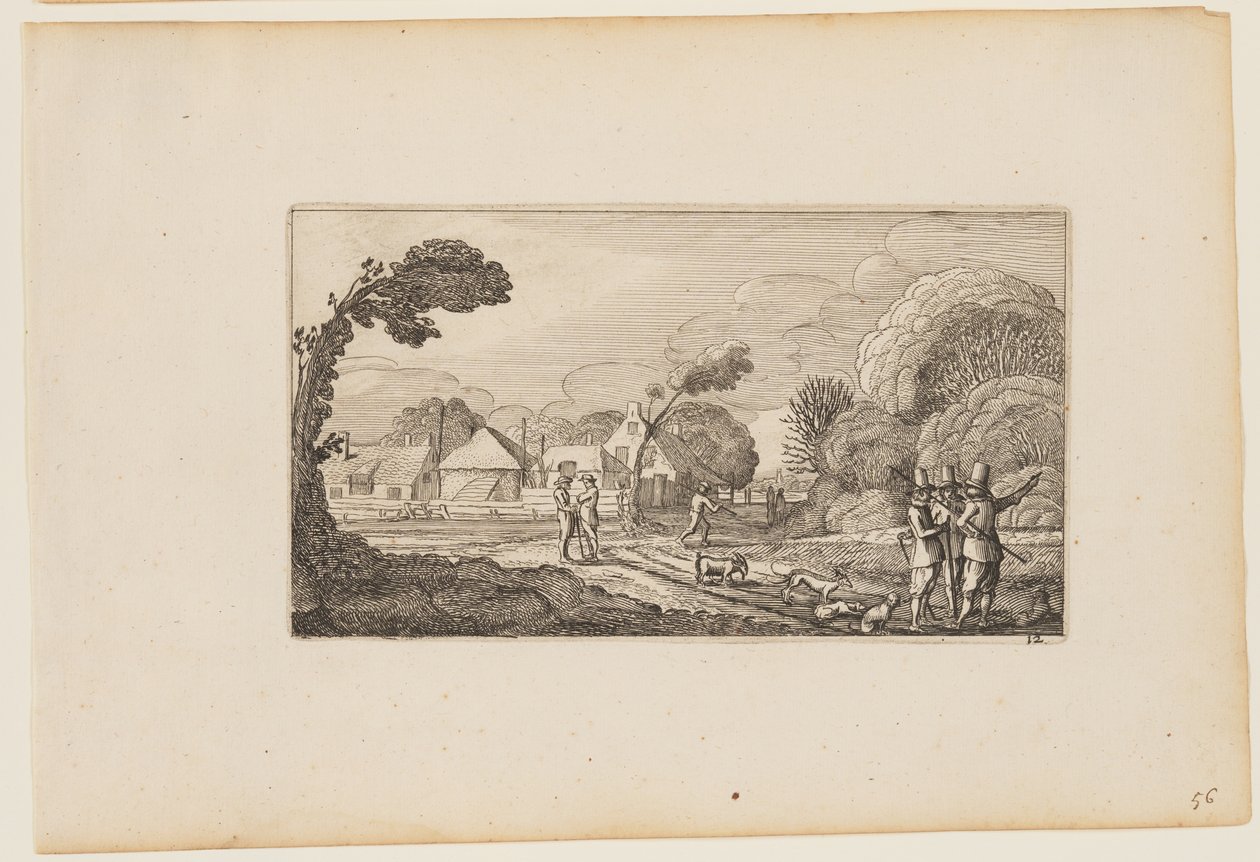 Varios hombres en el camino ante una granja, de Doce paisajes con figuras de Gillis van Scheyndel