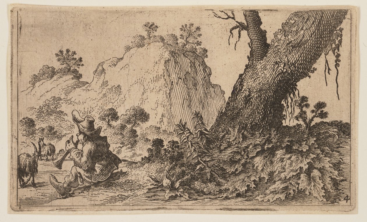 Pastor tocando una flauta dulce a un rebaño de cabras, de Doce paisajes de Gillis van Scheyndel
