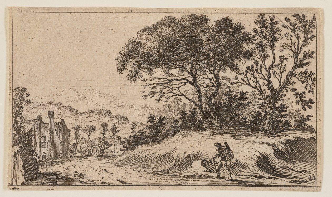 Viajero en un camino ante tres árboles en una loma a la derecha, de Doce paisajes de Gillis van Scheyndel
