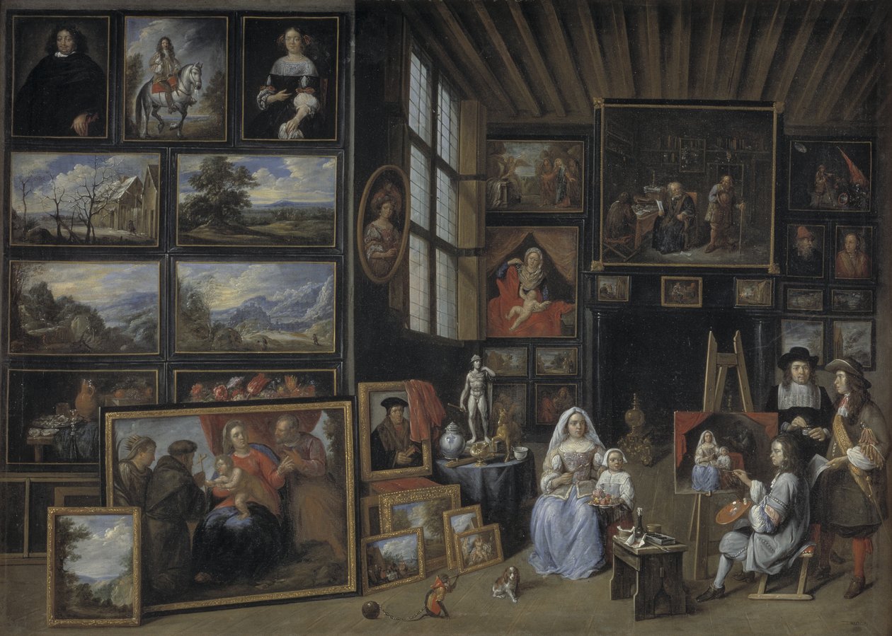Galería de arte con un artista pintando a una mujer y una niña. Alegoría del arte de la pintura de Gillis van Tilborgh