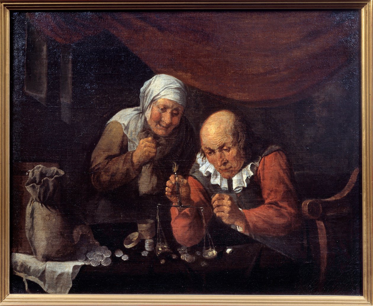 La pareja avara de ancianos pesando sus posesiones. Pintura de Gillis Van Tilborgh de Gillis van Tilborgh