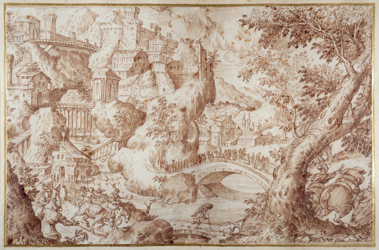 Paisaje montañoso fantástico con puentes que cruzan barrancos, una ciudad y viajeros de Gillis van Valckenborch