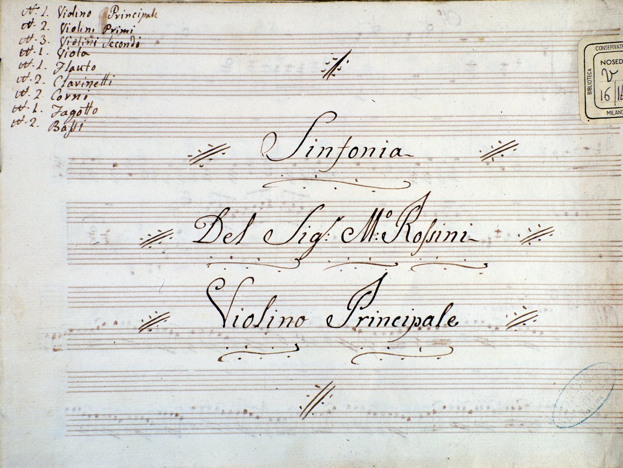 Detalle de la primera página de la partitura musical para violín de una sinfonía de Gioacchino Rossini de Gioachino Rossini