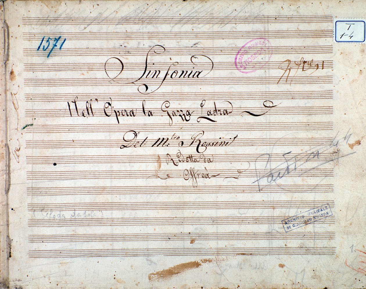 Primera página de la partitura musical de la sinfonía en La gazza ladra (La urraca ladrona) de Gioacchino Rossini de Gioachino Rossini
