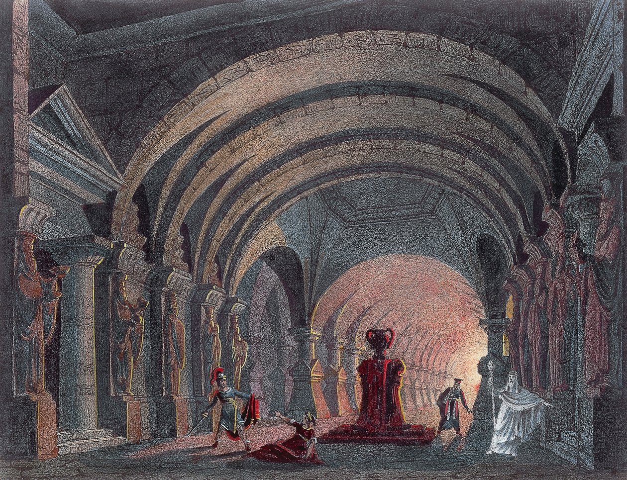 Escenografía del acto IV de Semiramide de Gioacchino Rossini (1792-1868), grabado de Gioachino Rossini