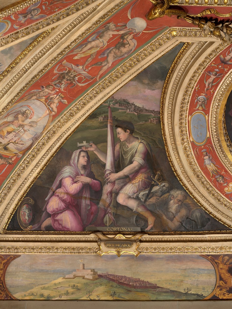 Alegoría de Cortona; al fondo, vista de Montecarlo de Giorgio Vasari