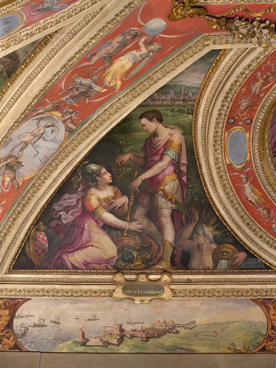 Alegoría de Pistoia; al fondo, vista de Piombino de Giorgio Vasari
