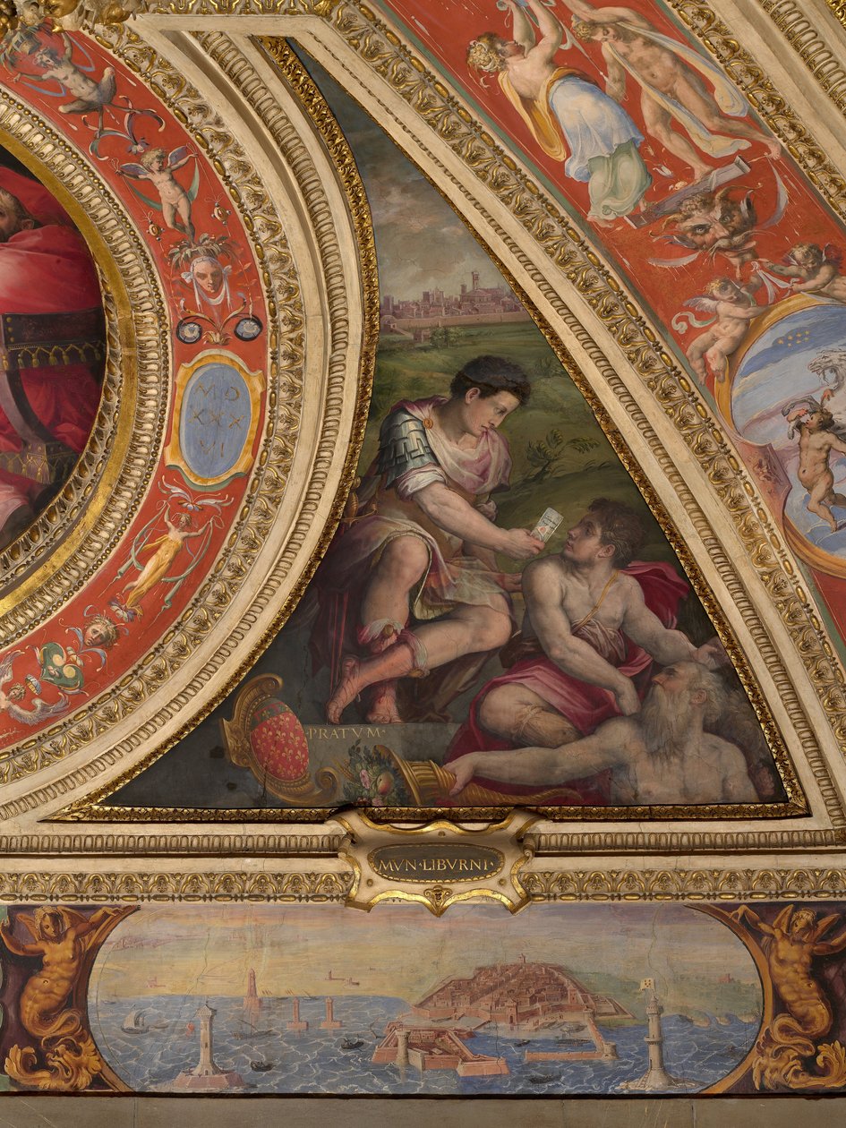 Alegoría de Prato; al fondo, vista de Livorno de Giorgio Vasari