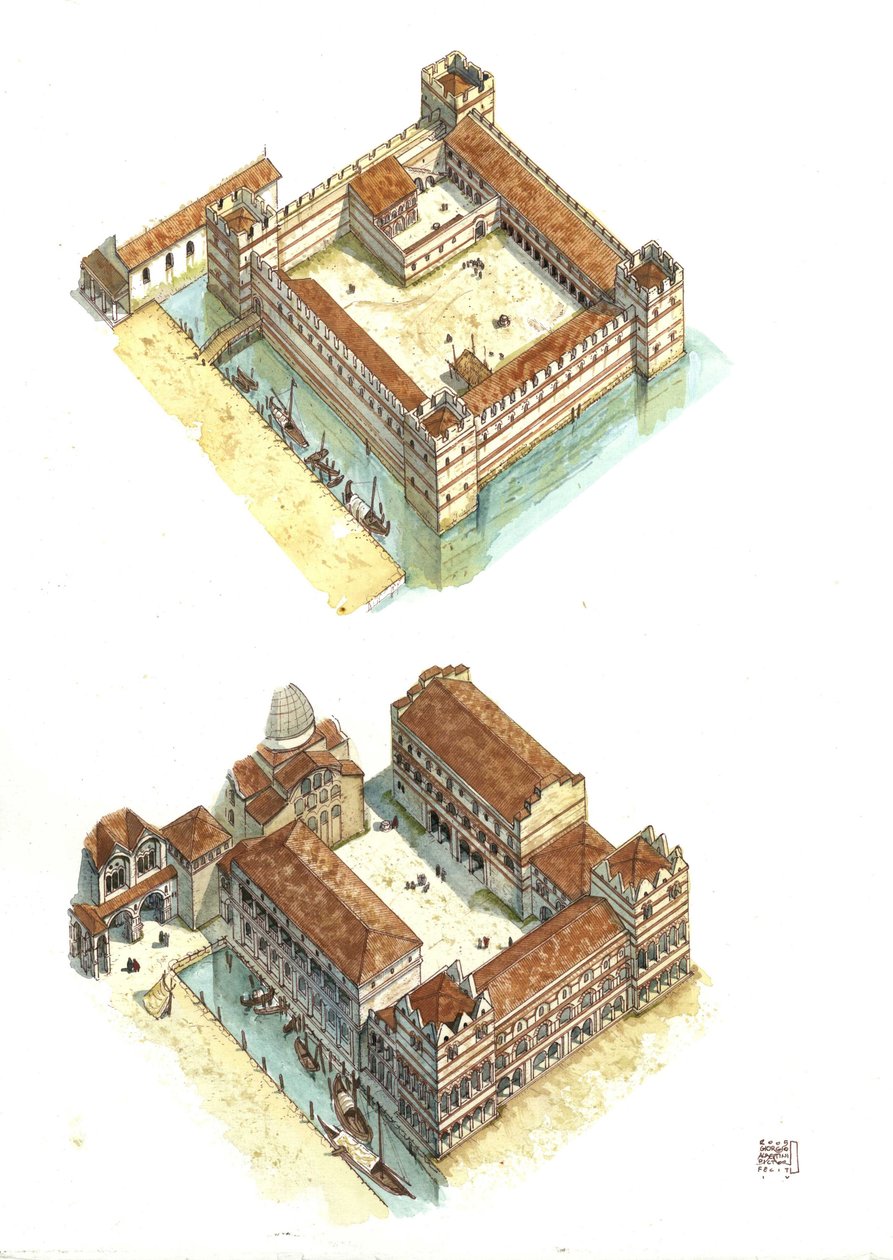 Vista aérea de las fases de construcción del Palacio Ducal en la Plaza de San Marcos de Venecia en los siglos VII y XII. Italia de Giorgio Albertini