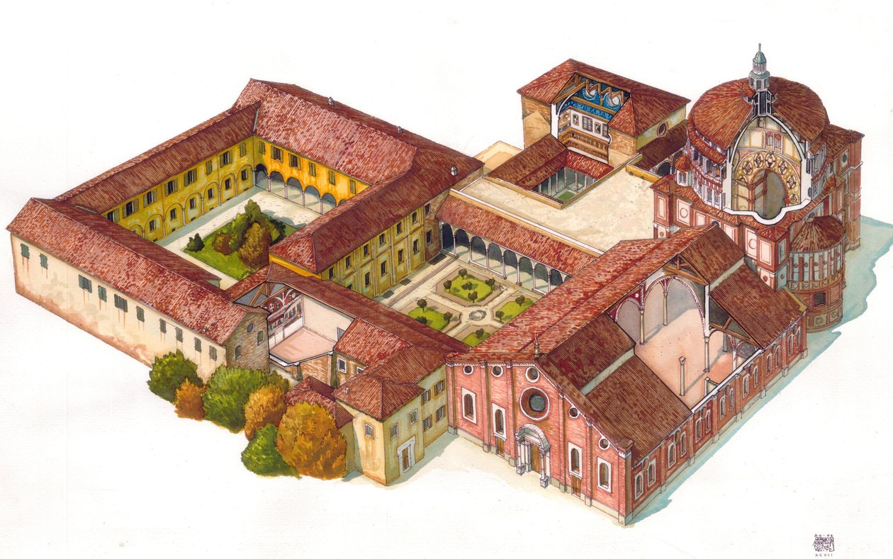 Vista aérea de la iglesia Santa Maria delle Grazie, fundada en 1463 por los dominicos, en Milán, Italia. En el refectorio es visible el Cenáculo de Leonardo de Vinci (Cenacolo). de Giorgio Albertini