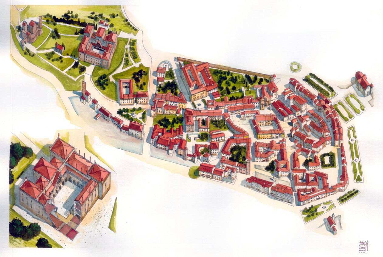 Vista aérea de la ciudad de Guimaraes: a la izquierda el castillo y el monasterio construidos en el siglo XI. Portugal. Ilustración de Giorgio Albertini. (La utilización de las obras de este autor no está sujeta a la solicitud de autorización de un tercero de Giorgio Albertini