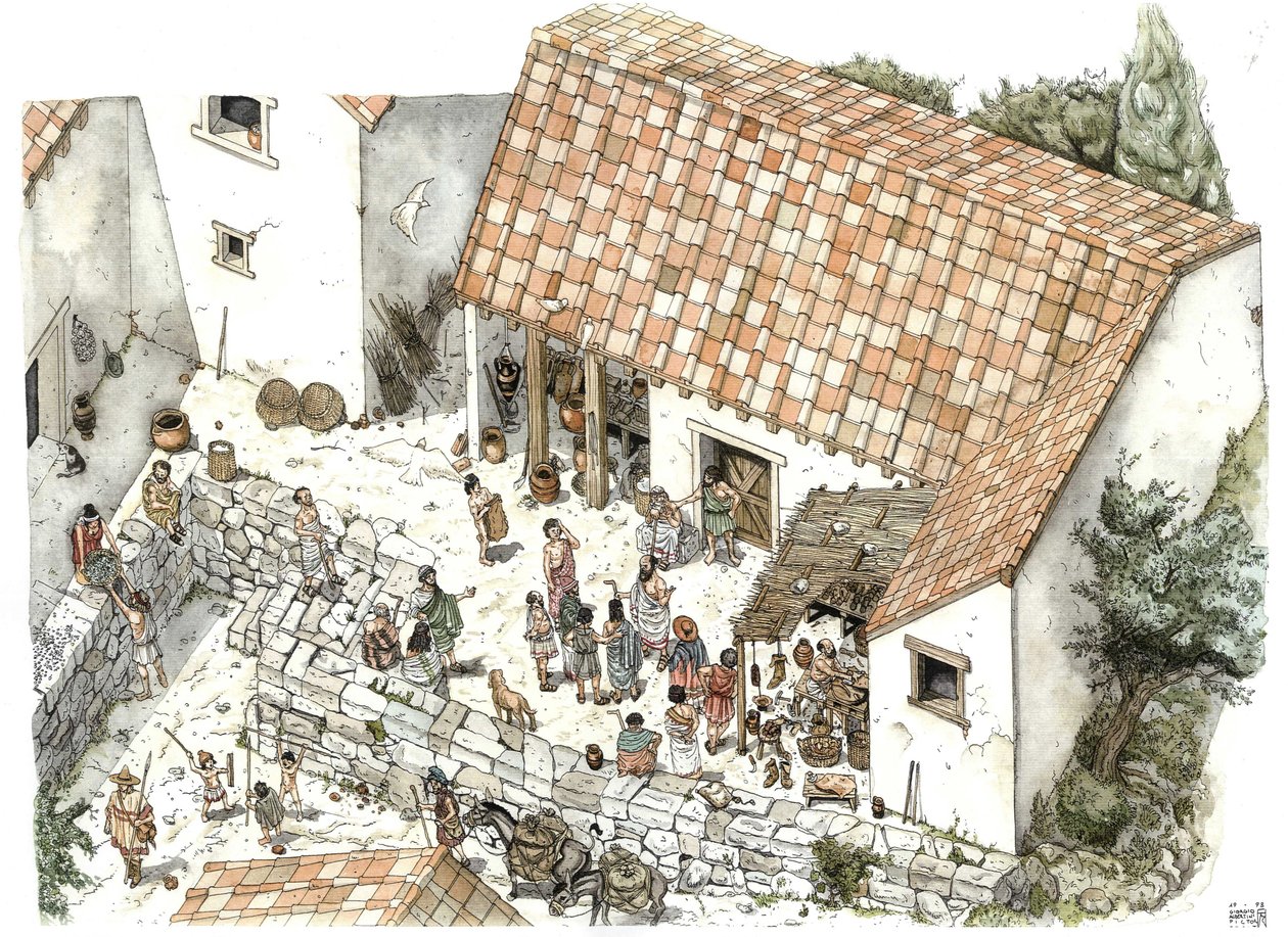Antigua Grecia: reconstitución de la tienda de un zapatero (ahorrador) en Atenas en el siglo V a.C.: en ella se representa al filósofo Sócrates discutiendo con sus conciudadanos. Grecia Ilustración de Giorgio Albertini. (El uso de las wo de Giorgio Albertini