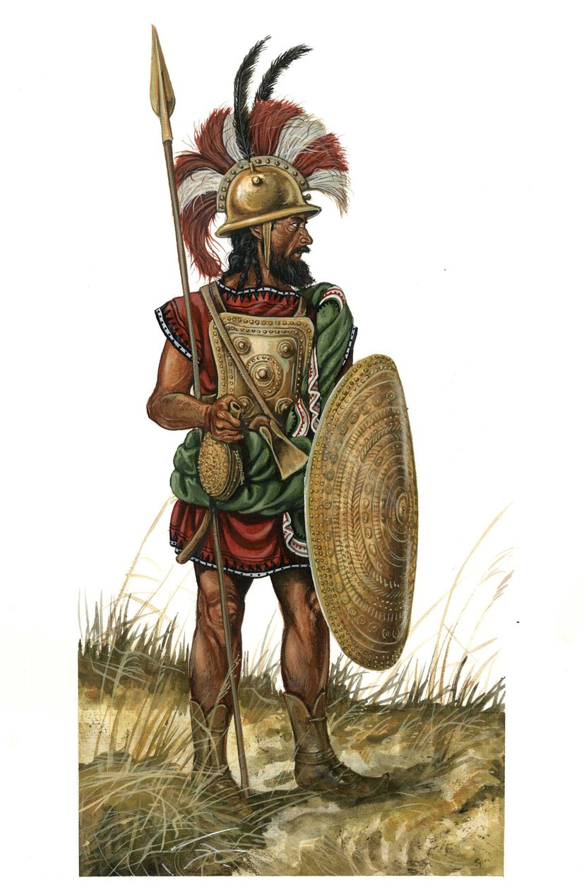 Antigua Roma (arcaica 753-530 a.C.): representación de un arma guerrera, casco, escudo, lanza (periodo monárquico del siglo VIII a.C.) de Giorgio Albertini
