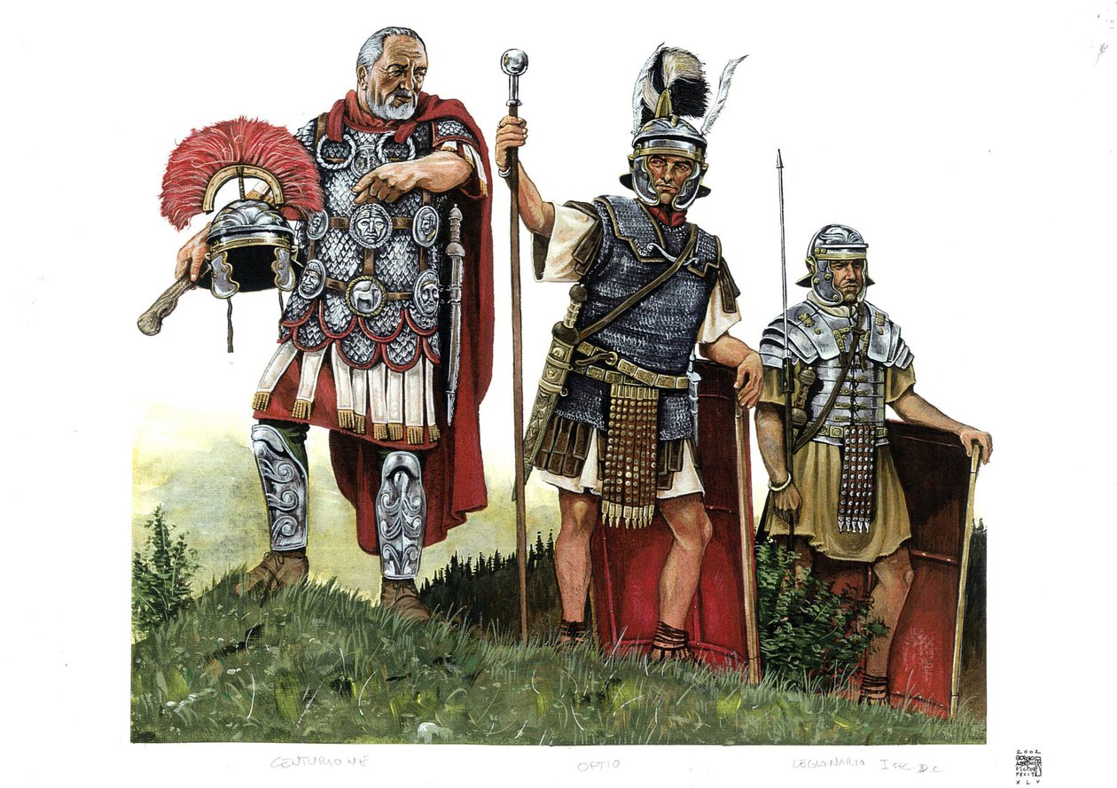 Antigua Roma: un centurión, un optio (mensajero entre centuriones y decuriones) y un legionario. Siglo II de Giorgio Albertini
