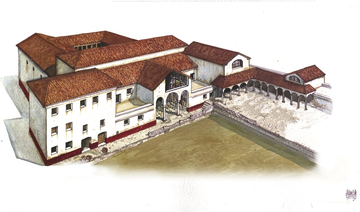 Antigua Roma: reconstitución de la Villa de los Leones (Casa ou domus dei Leoni) en Ostia Antica (Ostia), siglo III a.C. Italia Ilustración de Giorgio Albertini. (La utilización de las obras de este autor no está sujeta a la solicitud de autorización de un de Giorgio Albertini