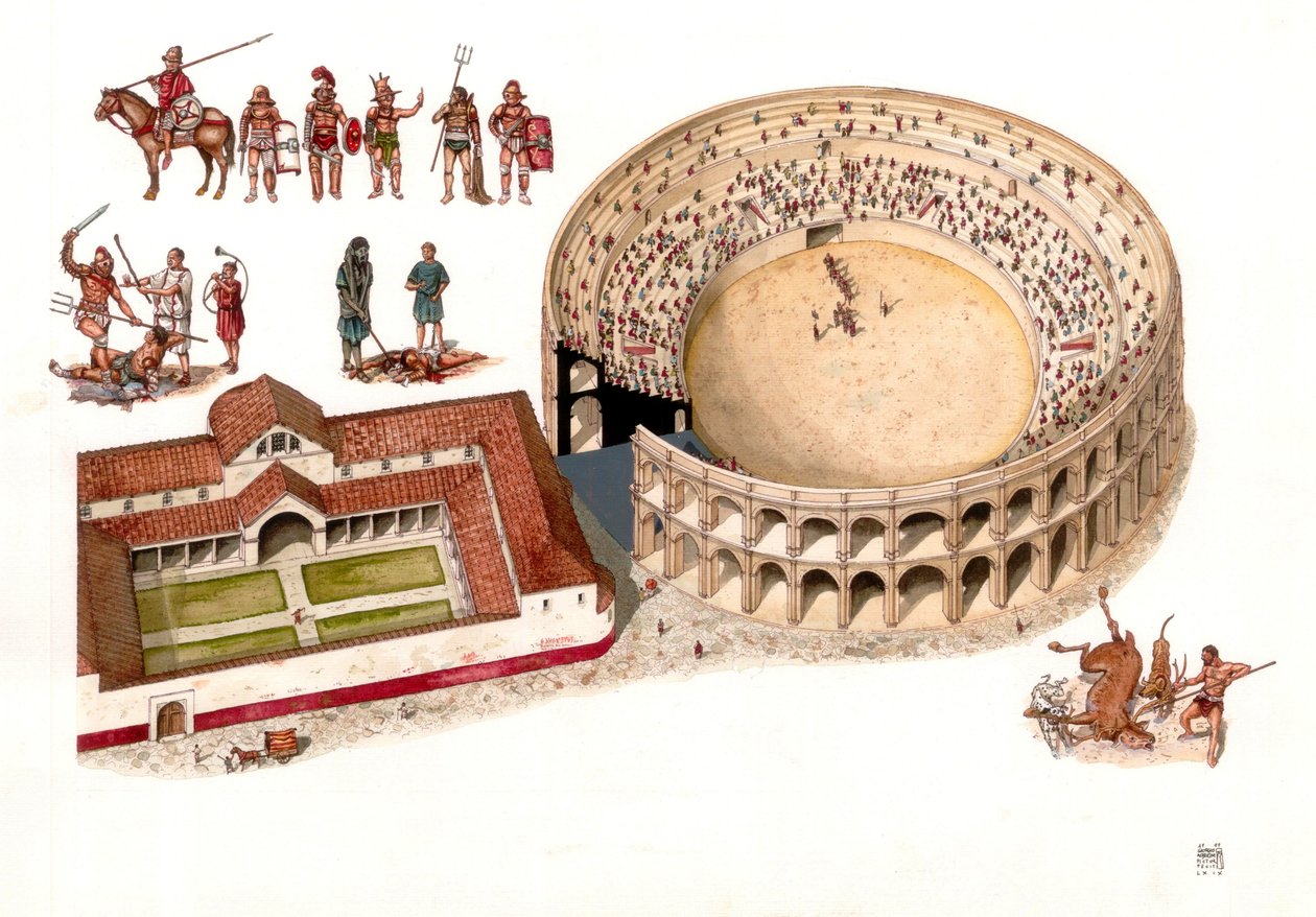 Antigua Roma: reconstitución del emplazamiento del anfiteatro de la ciudad de Amiternum, cerca del Aquila, en los Abruzos, Italia. Siglos I-II d.C. Arriba a la izquierda, varios trajes de gladiadores y escenas de los combates que tenían lugar en la arena.  de Giorgio Albertini