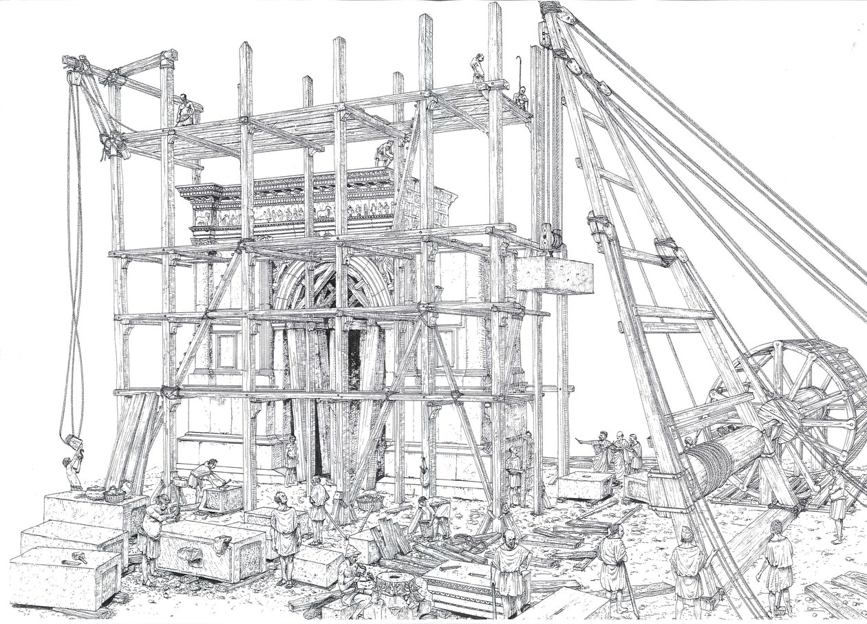 Antigua Roma: reconstrucción de una obra de construcción de un arco en el siglo I d.C. Los obreros izan los bloques de mármol con andamios y poleas. Ilustración de Giorgio Albertini. (La utilización de las obras de este autor no está sujeta a una solicitud de Giorgio Albertini