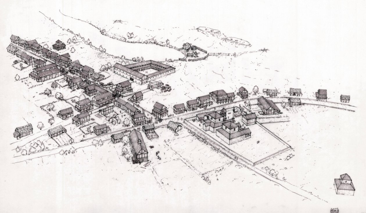 Antigua Roma: reconstrucción de una aldea de la Bretaña romana (Britannia o Bretaña insular) en el siglo II. Ilustración de Giorgio Albertini. (La utilización de las obras de este autor no está sujeta a la solicitud de autorización de un tercero ni a la de Giorgio Albertini