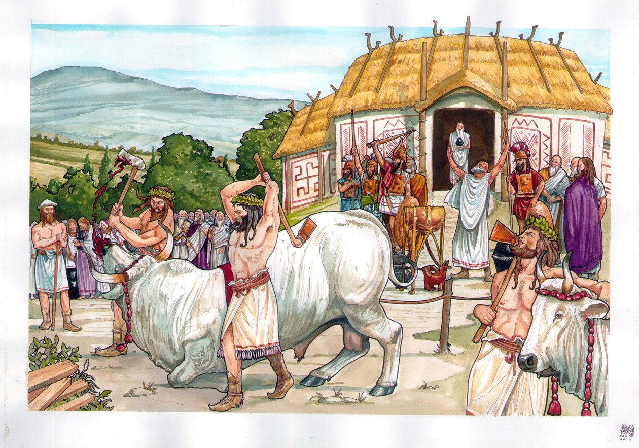 Antigua Roma: ceremonia de sacrificio en el templo de Júpiter en el monte Albain (Albanus mons o Monte Albano), cerca de Roma, Italia. de Giorgio Albertini