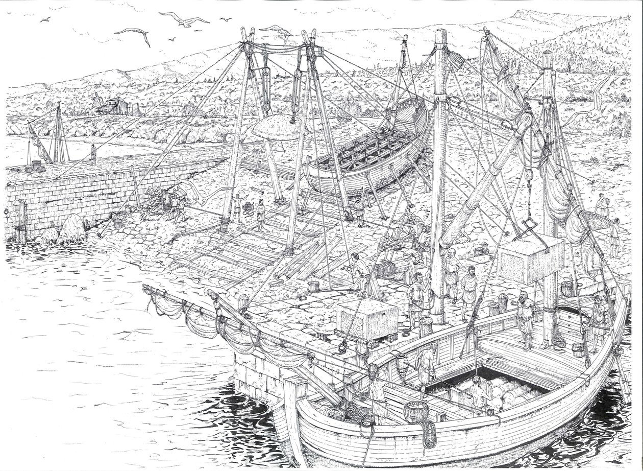 Antiquite: el transporte por barco de mármol probablemente de las canteras de Carrara (Carrara). Siglo II después de JC Italia Ilustración de Giorgio Albertini. (La utilización de las obras de este autor no está sujeta a la solicitud de autorización de un  de Giorgio Albertini