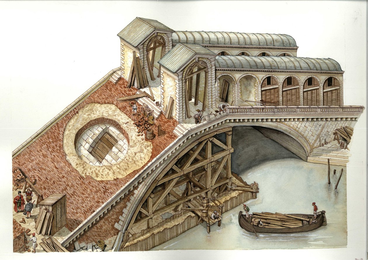 Arquitectura: obras de construcción del Puente de Rialto en 1588-1591 en Venecia, Italia. Ilustración de Giorgio Albertini (La utilización de las obras de este autor no está sujeta a la autorización de terceros ni al pago de derechos adicionales. de Giorgio Albertini