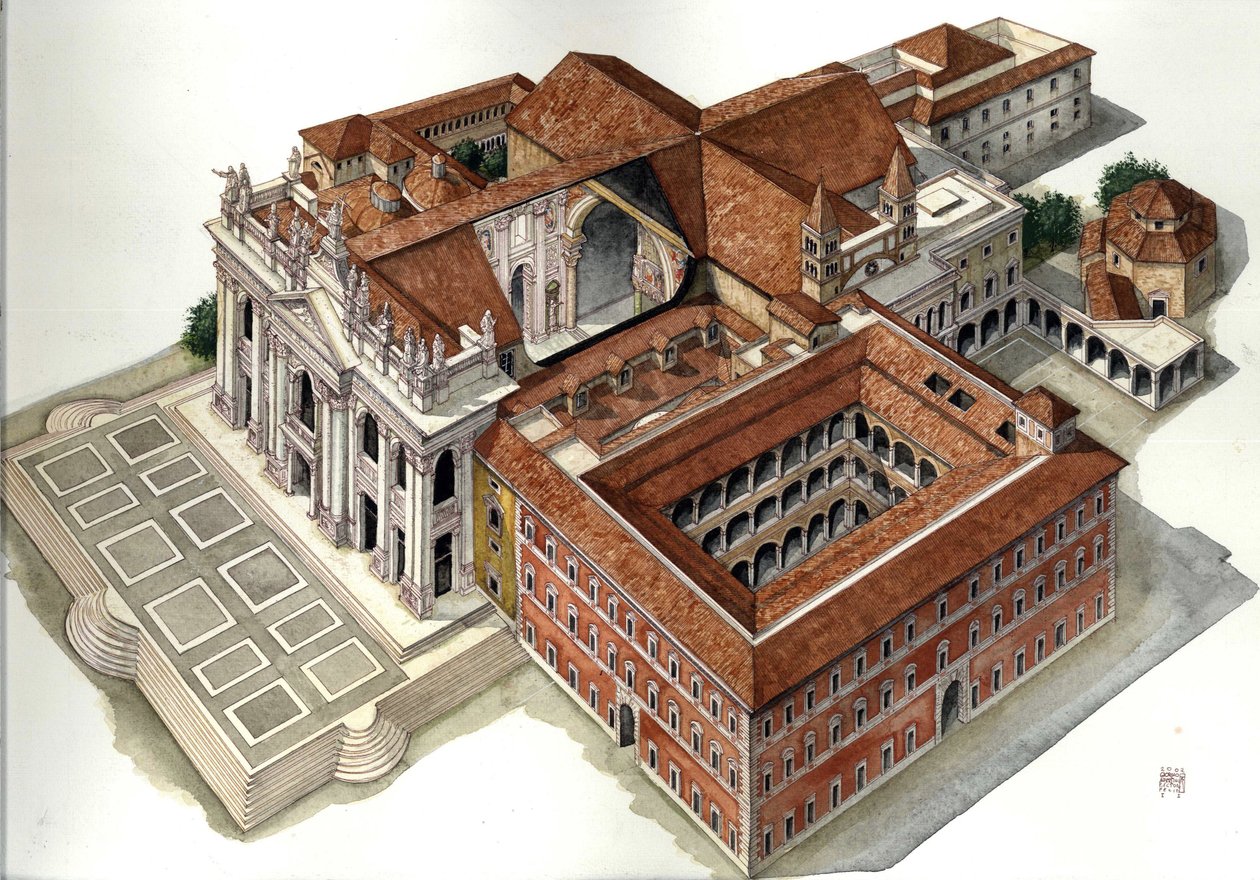 Arquitectura barroca: reconstrucción de la Basílica de San Juan de Letrán (siglo XVII-XVIII) Roma Ilustración de Giorgio Albertini. (La utilización de las obras de este autor no está sujeta a una solicitud de auth de Giorgio Albertini