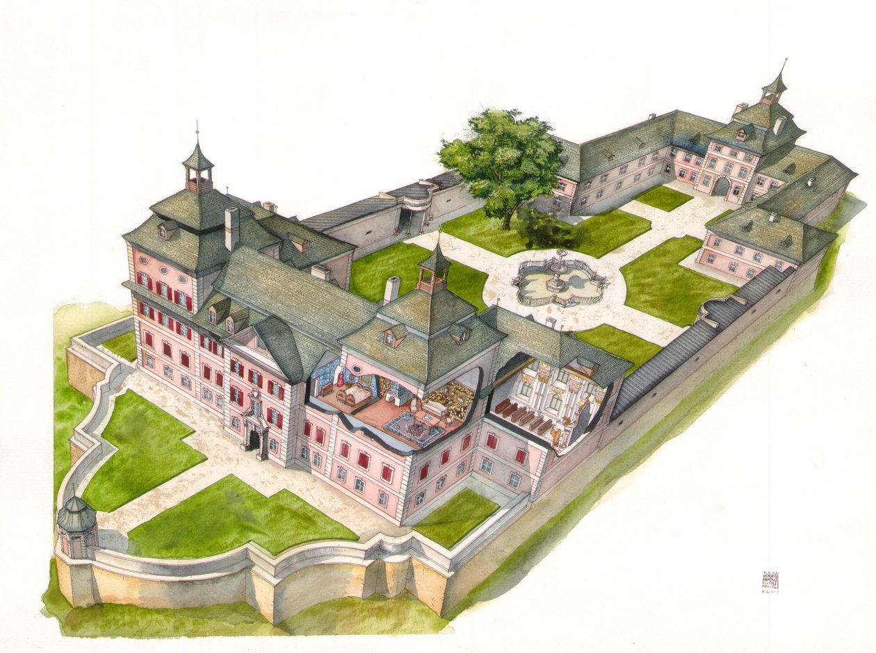 Arquitectura barroca: reconstrucción del castillo Wolfsthurn, Mareta, Bolzano, Italia Ilustración de Giorgio Albertini. (La utilización de las obras de este autor no está sujeta a la solicitud de autorización a terceros ni al pago de f de Giorgio Albertini