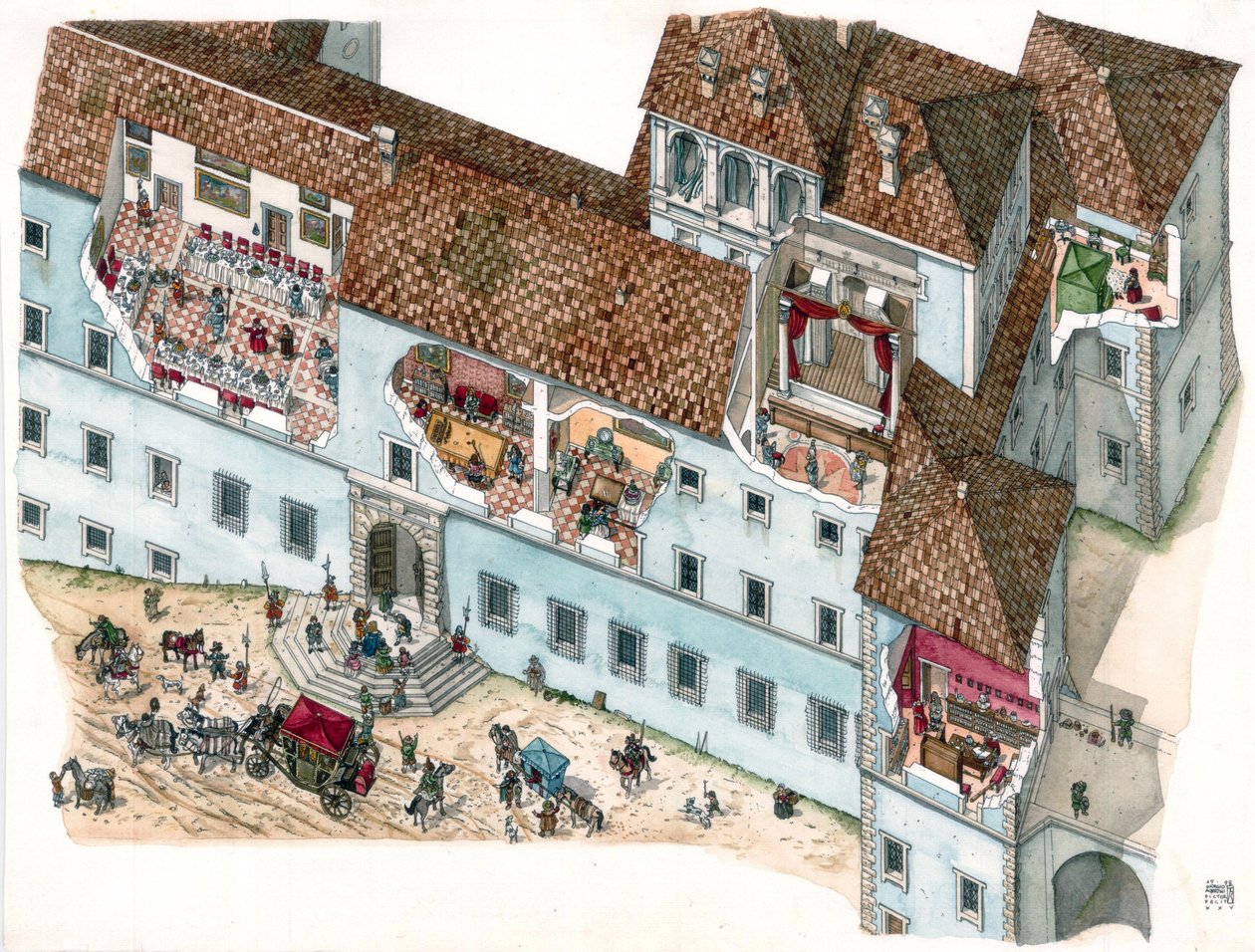 Arte barroco: vista y sección arquitectónica del palacio Chigi a Ariccia, Lacio, en el siglo XVII. Se aprecia el interior de las habitaciones familiares y las dependencias de la servidumbre. Italia de Giorgio Albertini