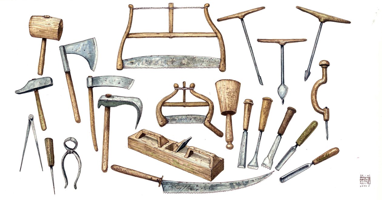 Tablero que describe las herramientas utilizadas por el carpintero: hacha, compás, martillo, alicates, sierras, taladro. de Giorgio Albertini