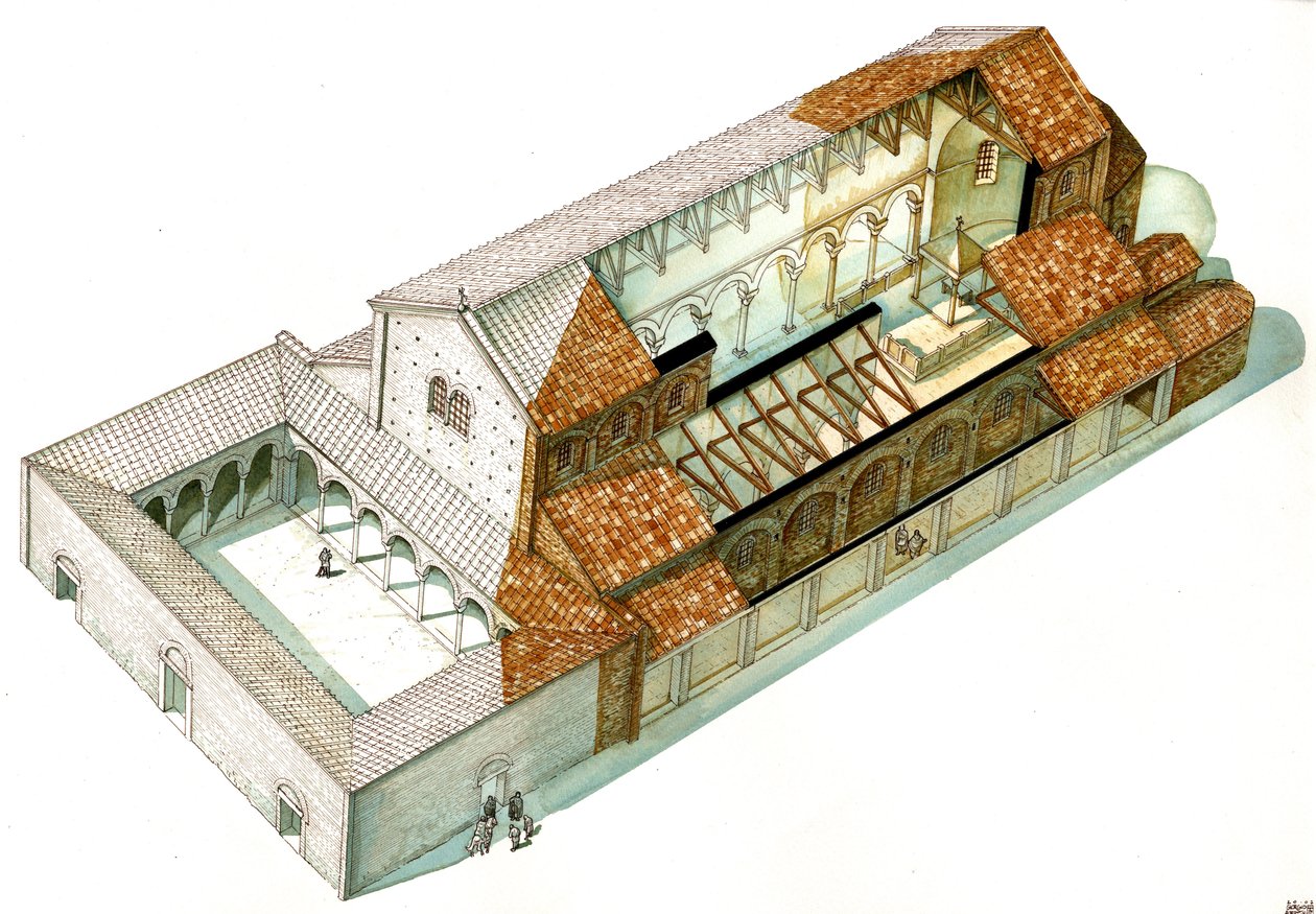 Arte bizantino: reconstrucción de la Basílica de Cabianca, fundada bajo el emperador Justiniano I (482-565) en Rávena (Rávena). Italia de Giorgio Albertini