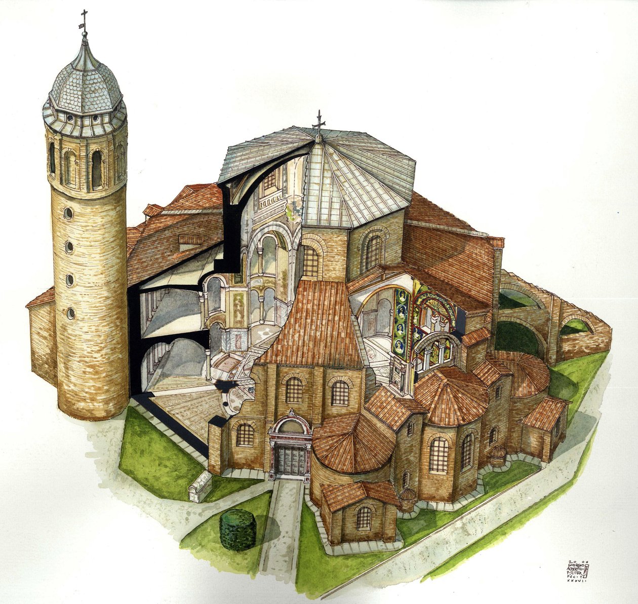 Arte bizantino: representación de la Basílica de San Vital (Saint Vital o San Vitale) en Rávena (Rávena) en el siglo V. Vista aérea con cortes para ver el interior. Italia Ilustración de Giorgio Albertini. (La utilización de las obras de este autor no está de Giorgio Albertini