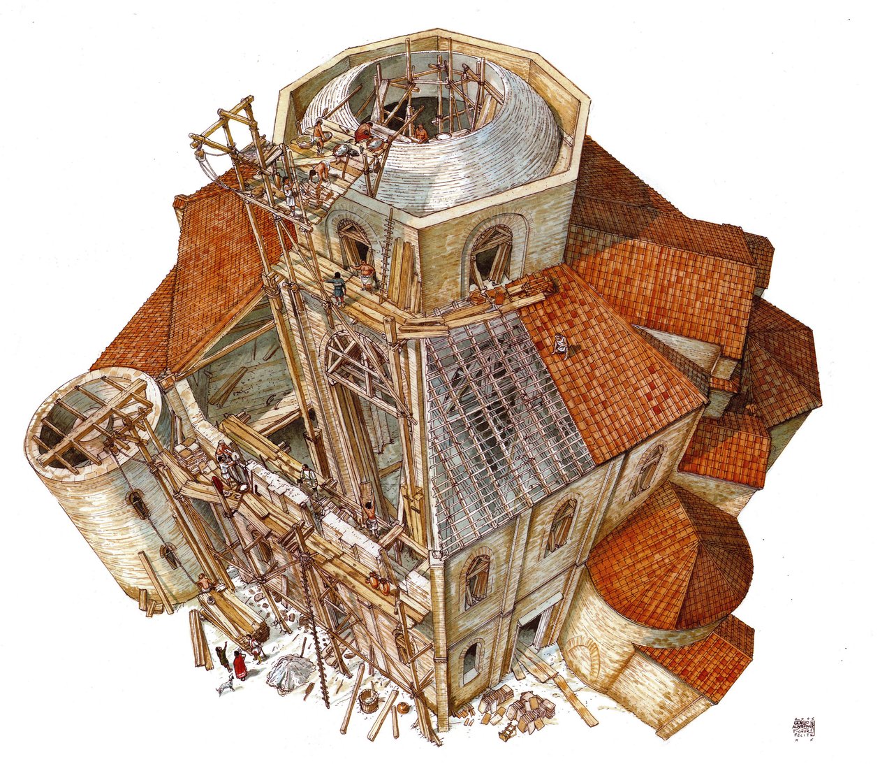 Arte bizantino: representación de las obras de construcción de la basílica de San Vital (Saint Vital o San Vitale) en Rávena en el siglo V. Vista aérea que muestra a los obreros en los andamios trabajando en el armazón de la cúpula. Italia Ilustración de G de Giorgio Albertini