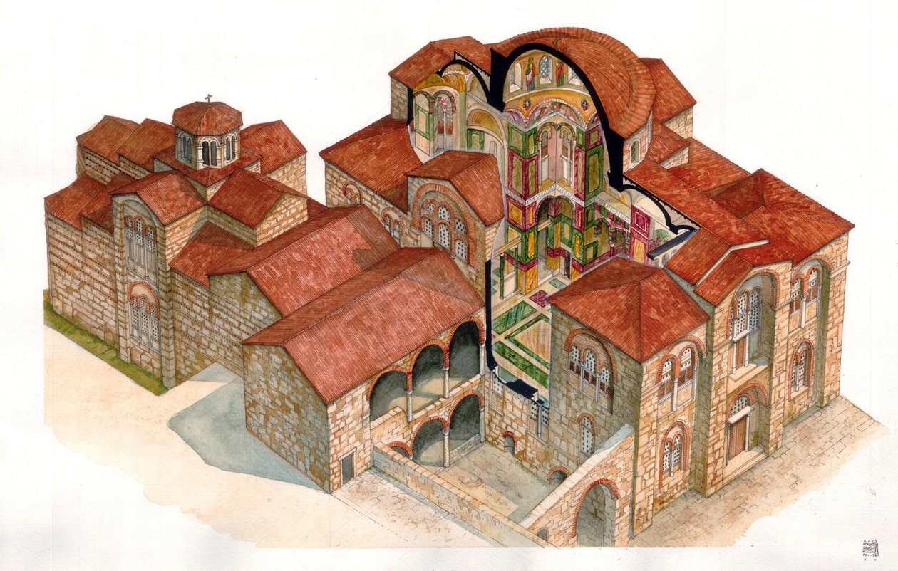 Arte bizantino: vista y sección arquitectónica del monasterio de Hosios Loukas (Osios Lukas o Luckas), construido en el siglo XI. Grecia de Giorgio Albertini