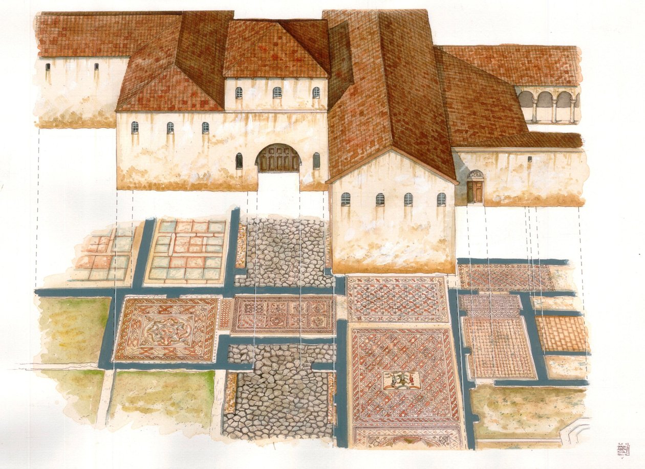 Arte bizantino: vista de la Domus de las alfombras de piedra (dei tappeti di pietra) en Rávena (Rávena) en el siglo VI, compuesta por mosaicos de un palacio bizantino. de Giorgio Albertini