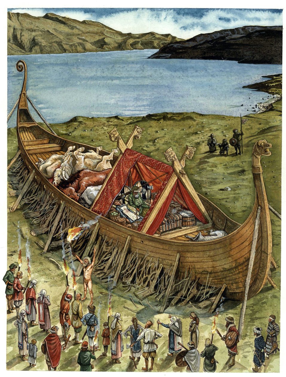 Ceremonia funeraria entre los vikingos, el difunto es colocado en un bote fallido (drakkar) lleno de animales sacrificados y objetos del ajuar funerario, a la espera de ser incinerado. Siglo X de Giorgio Albertini
