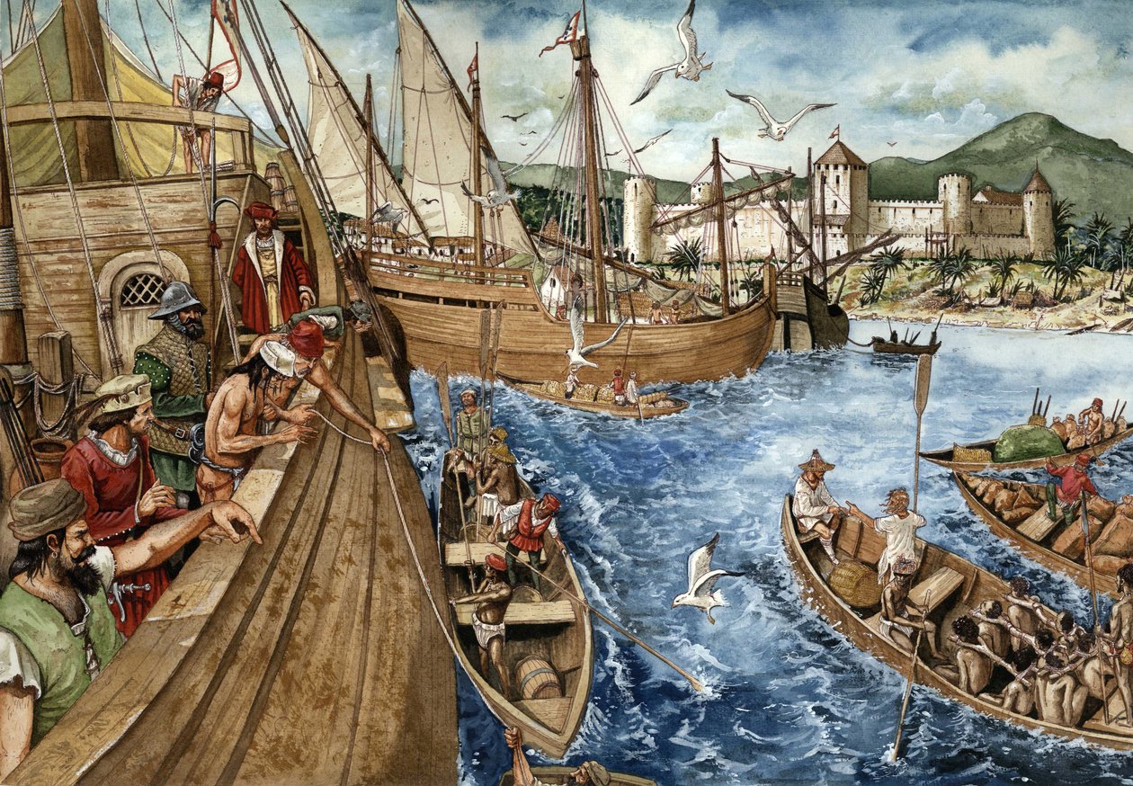 Colonización de la Costa de Oro (Ghana) en África: los portugueses parten hacia la costa guineana el 21/01/1482 y construyen el fuerte de Sao Jorge de Mina (Elmina) para reforzar el comercio de oro y esclavos. Las carabelas portuguesas representadas a lo l de Giorgio Albertini