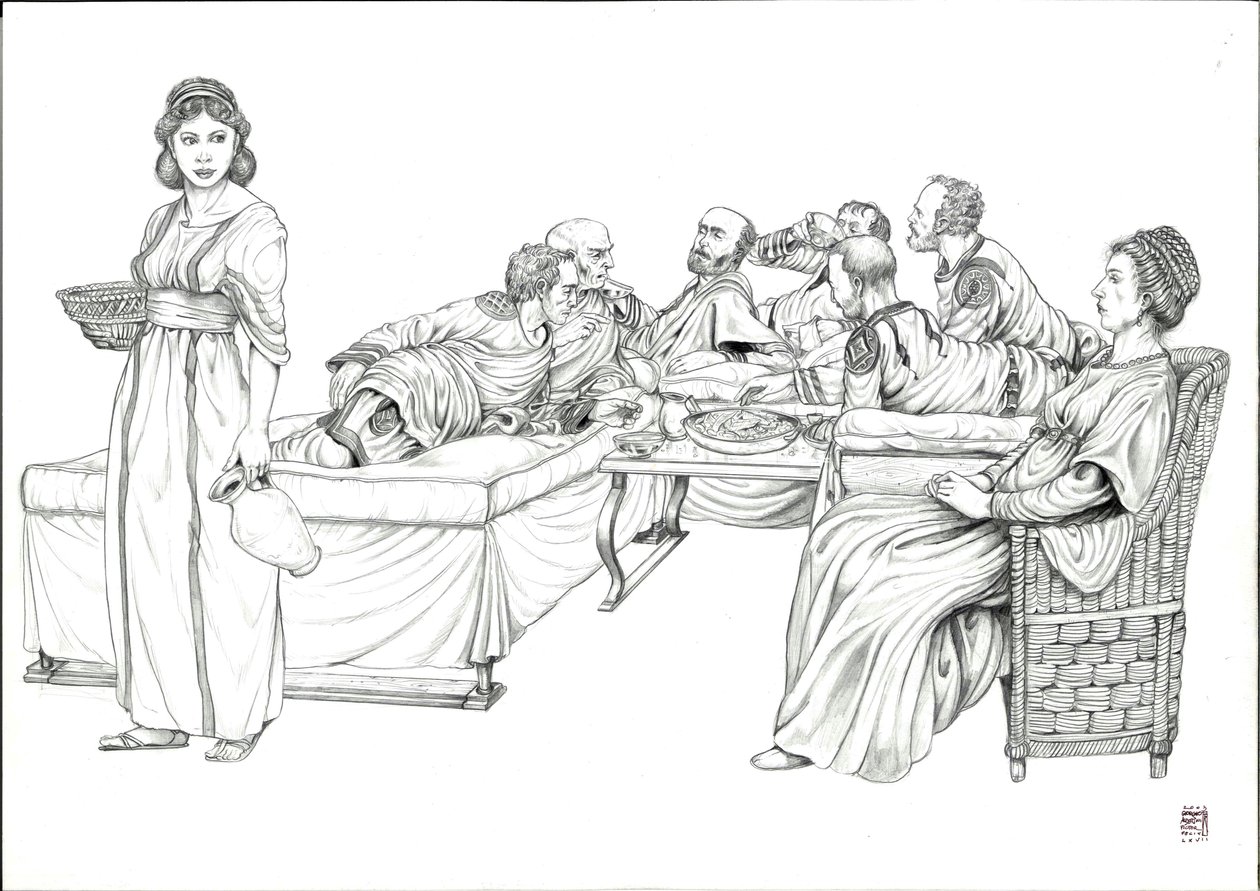 Vida cotidiana Antigua Roma: una comida con los romanos, grupo de hombres alargados, siglo V. de Giorgio Albertini