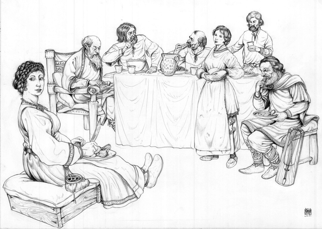 Vida cotidiana en la Edad Media: una comida con los lombardos, grupo de hombres atendido y servido por dos mujeres, siglo VII. de Giorgio Albertini