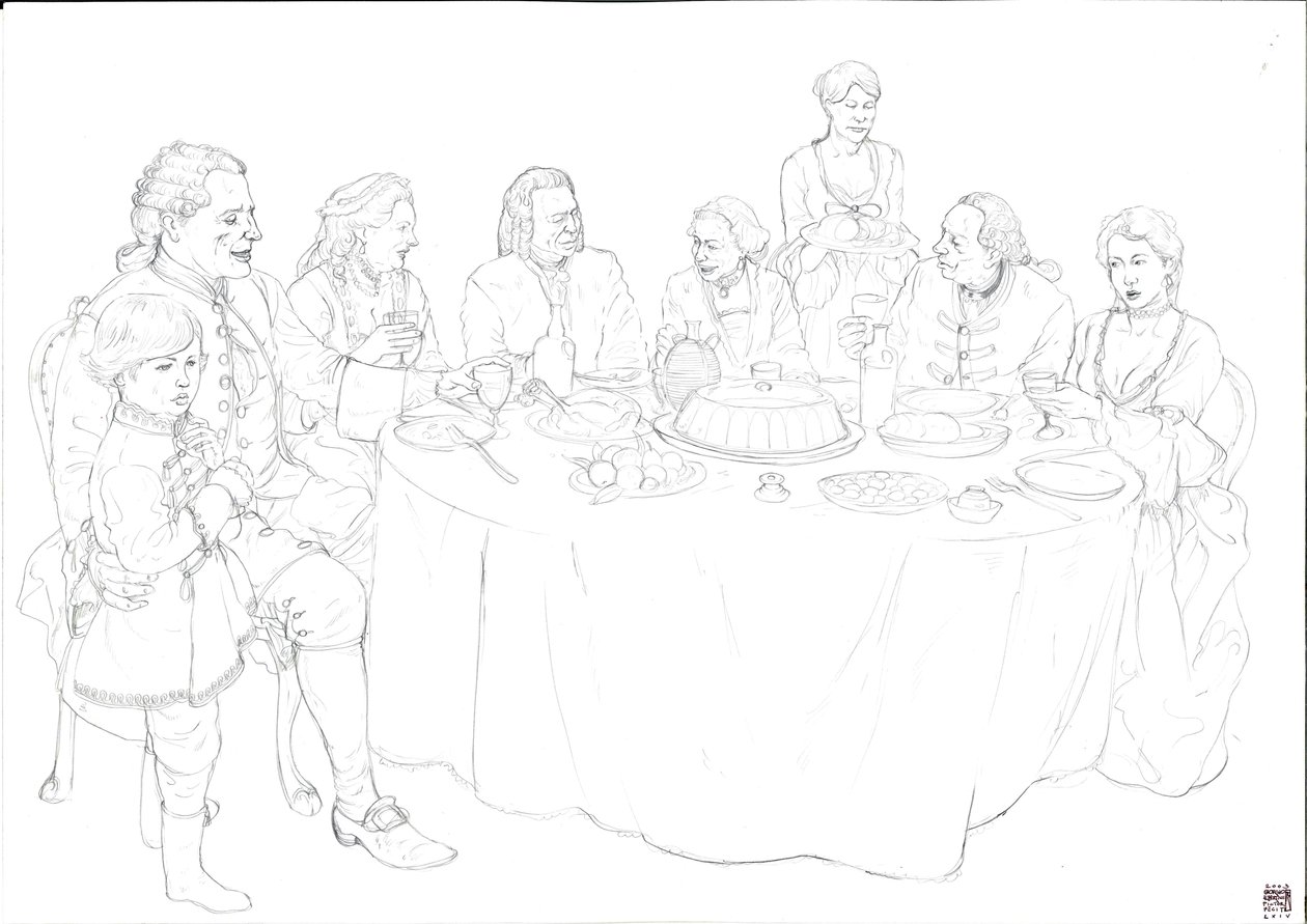 Vida cotidiana: familia de la nobleza durante una suntuosa comida de Giorgio Albertini