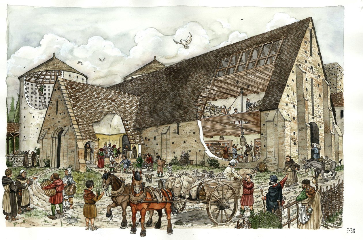 Entrega de víveres, alimentos, provisiones en el granero de una abadía francesa en el siglo XIV, cortes de la estructura de los edificios de la abadía que permiten ver las actividades y el interior de los almacenes. de Giorgio Albertini