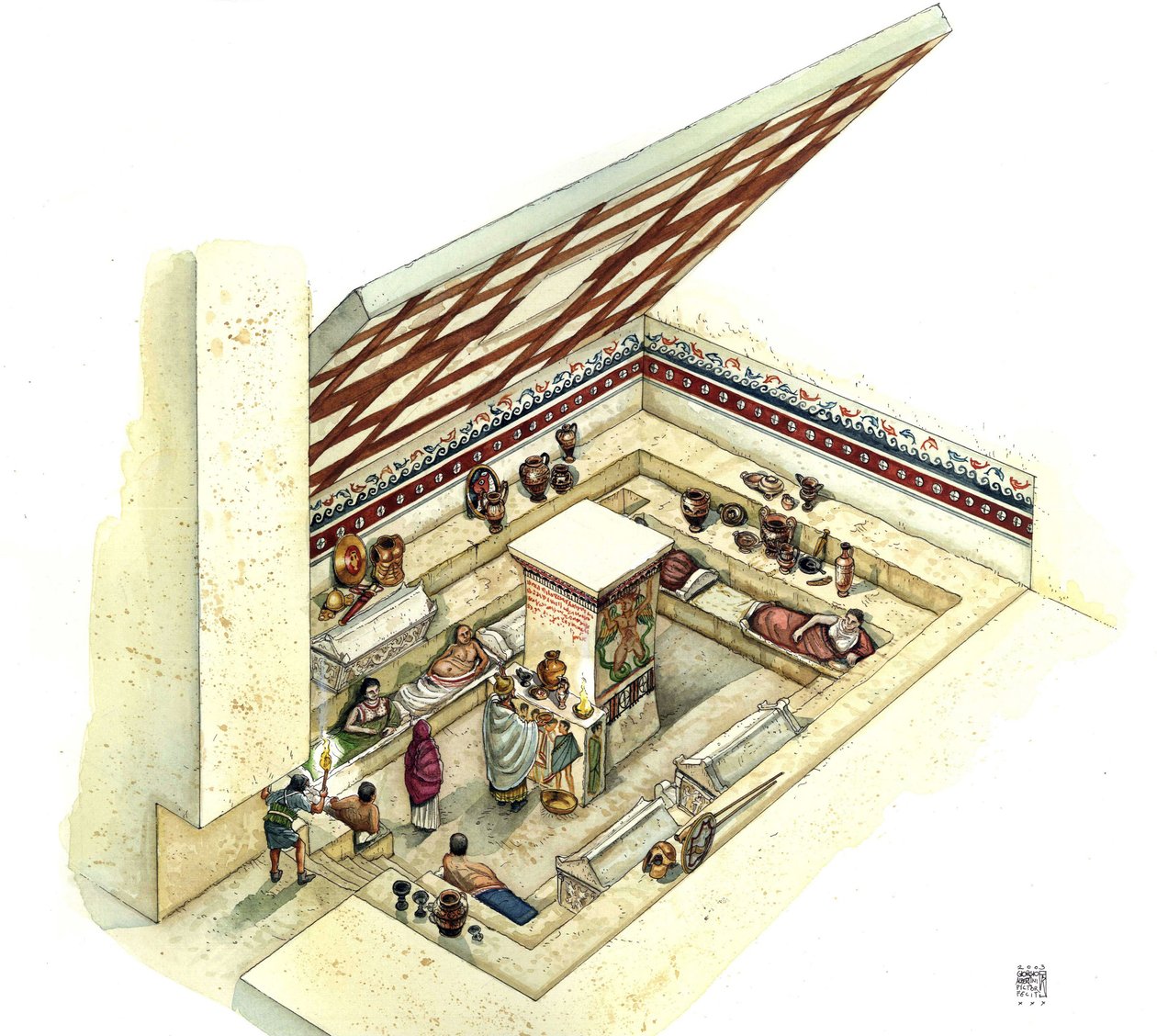 Civilización etrusca: reconstrucción y despiece de la tumba del Tifón, necrópolis de Tarquinia. Siglo II a.C. Italia de Giorgio Albertini