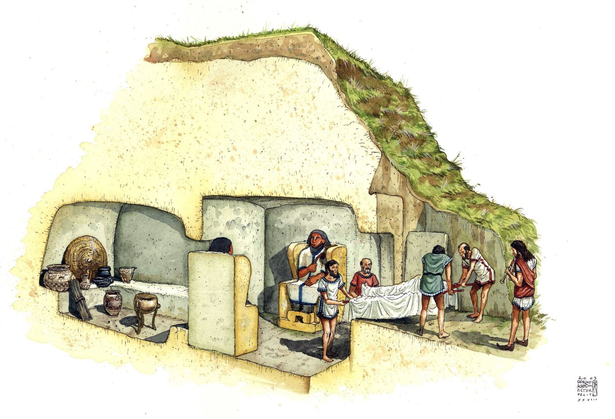 Civilización etrusca: reconstrucción y despiece de la tumba de las estatuas, necrópolis de Ceri. Siglo VII a.C. Italia Ilustración de Giorgio Albertini. de Giorgio Albertini
