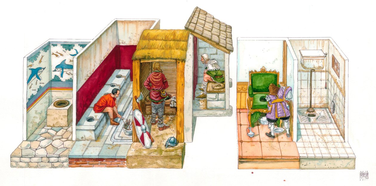 Vida cotidiana: evolución de los sistemas sanitarios y de higiene: tablero que representa los retretes, inodoros, gabinete, sistema de evacuación del agua desde la antigüedad hasta la época moderna, de izquierda a derecha, un agujero donde se cortaba de la de Giorgio Albertini